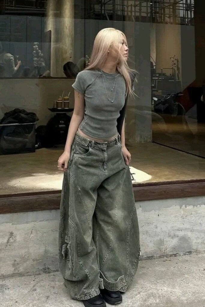 Fitted Grey Short Sleeve Top + Ultra Baggy Distressed Green Cargo Pants + Black Platform Shoes