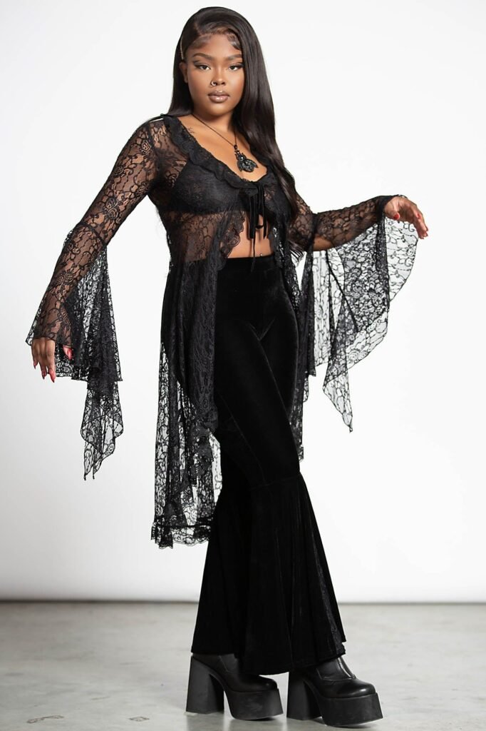 Flared Sleeve Lace Duster + Black Velvet Bell Bottoms + Platform Boots