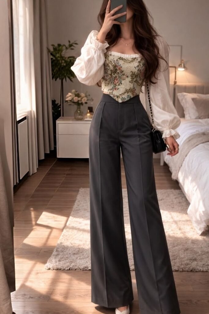 Floral Corset Blouse + Dark Grey Wide Leg Trousers + White Pointed Heels