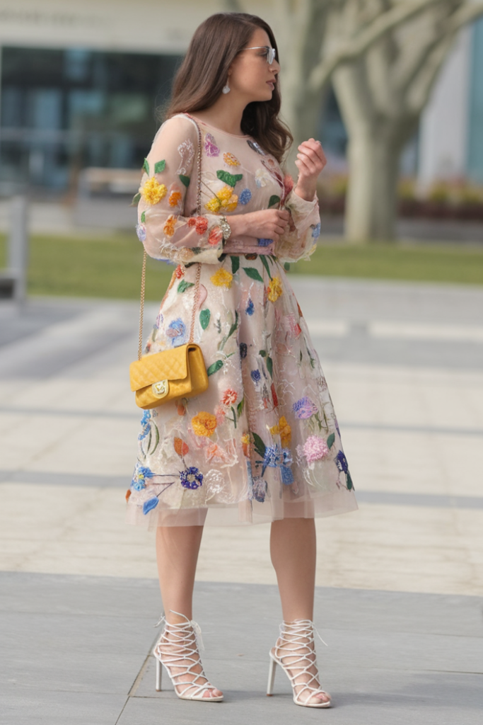 Floral Embroidered Dress + Yellow Handbag + White Lace Up Heels