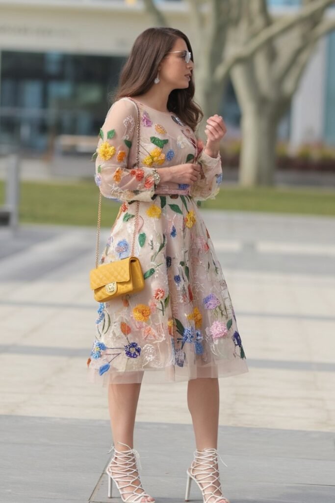 Floral Embroidered Sheer Dress + Yellow Quilted Handbag + White Lace Up Heels