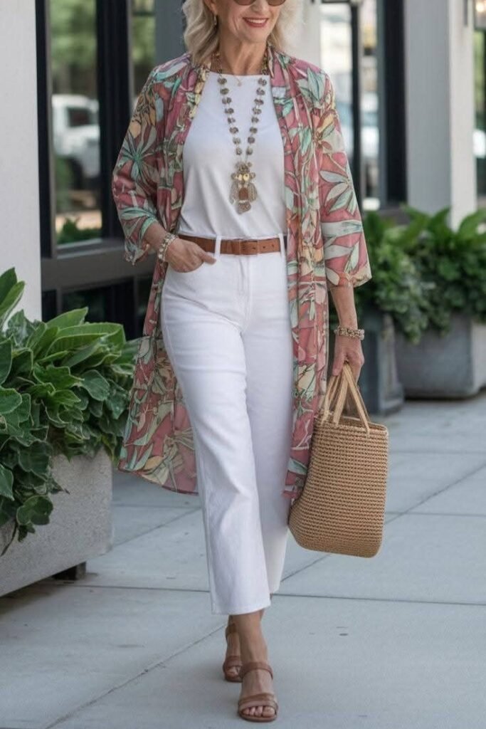Floral Kimono + White Boatneck Tee + White Cropped Jeans + Tan Leather Belt & Sandals