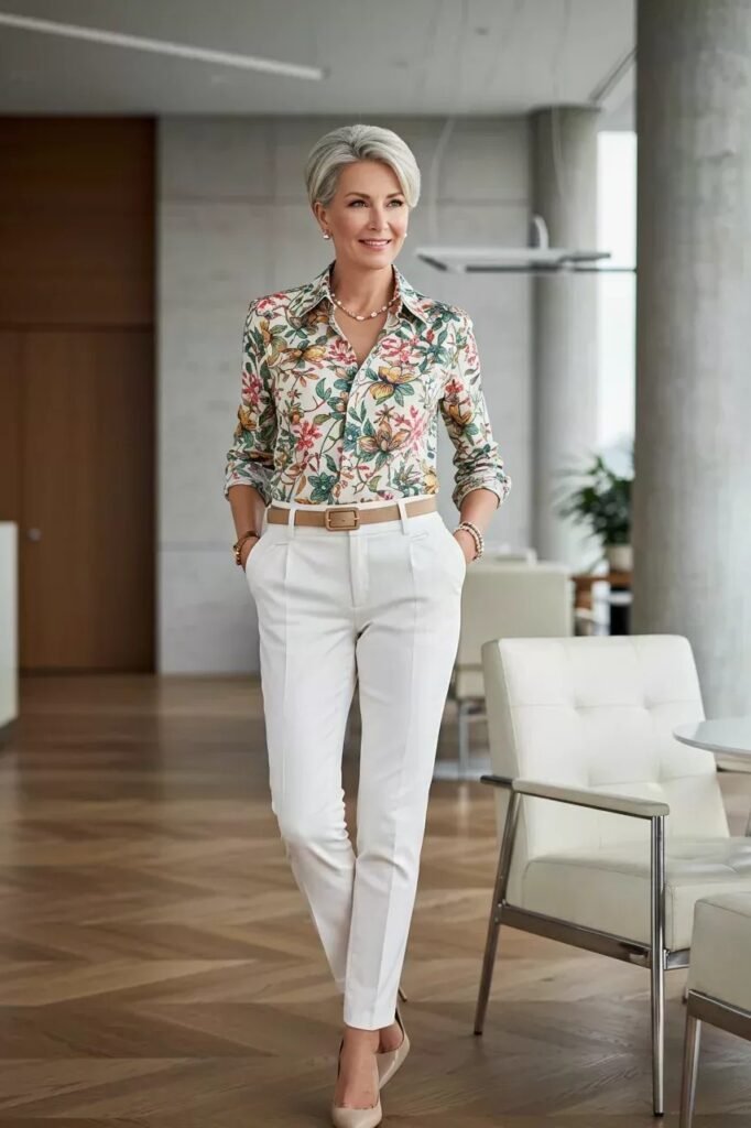 Floral Print Button Down + White High Waisted Trousers + Nude Pointed Flats