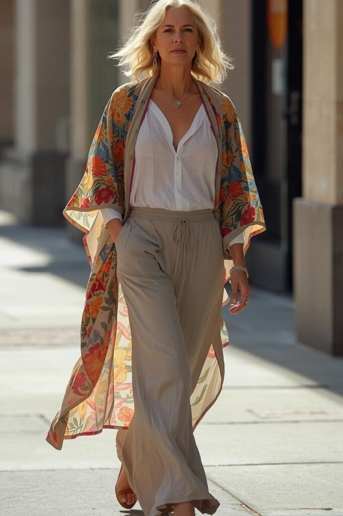Floral Print Kimono + White Button Down Shirt + Beige Wide Leg Linen Pants + Tan Sandals