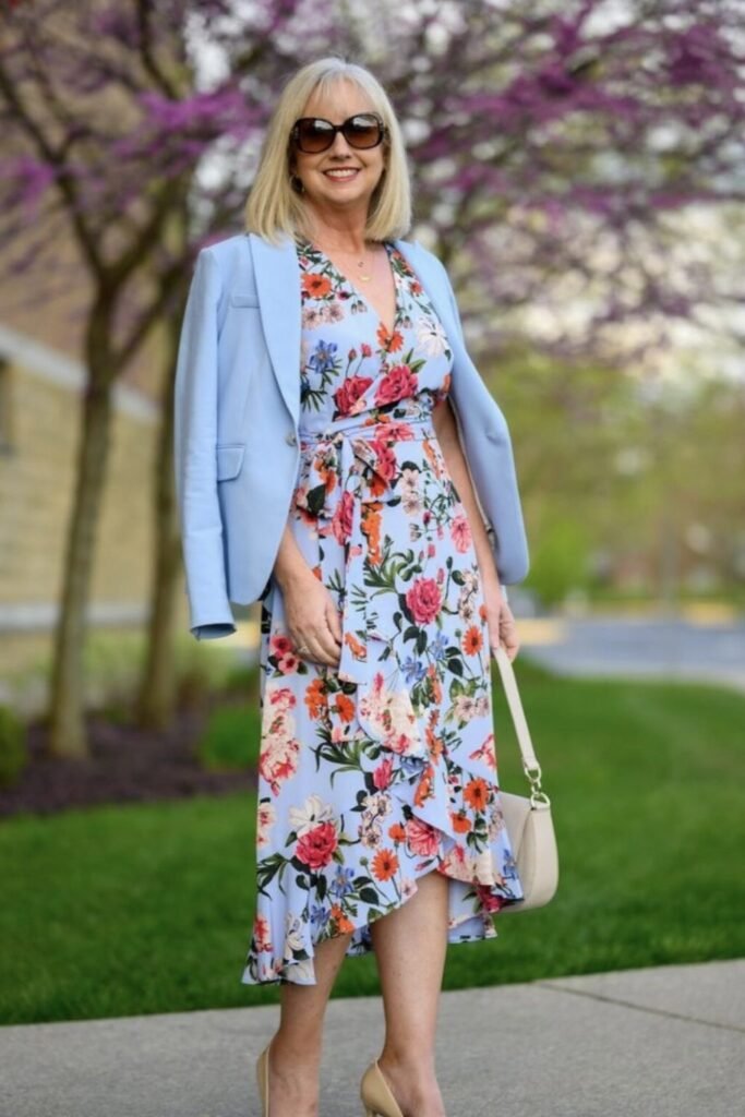 Floral Print Light Blue Wrap Dress + Pastel Blue Blazer + Nude Pointed-Toe Pumps