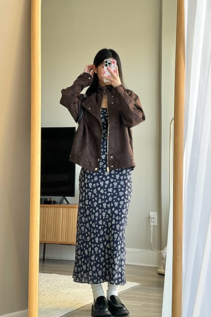 Floral Print Maxi Dress + Brown Suede Jacket + White Socks + Black Leather Loafers