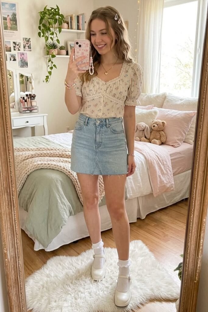 Floral Puff Sleeve Blouse + Light Wash Denim Mini Skirt + White Mary Jane Shoes
