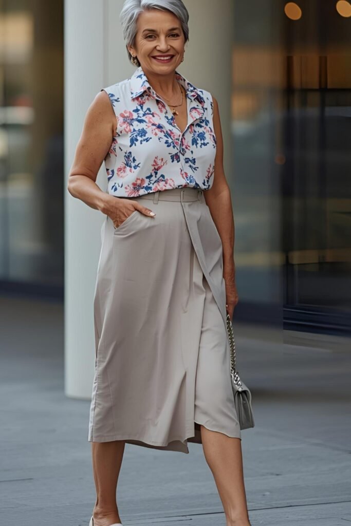 Floral Sleeveless Blouse + Beige Wrap Midi Skirt + Beige Flats
