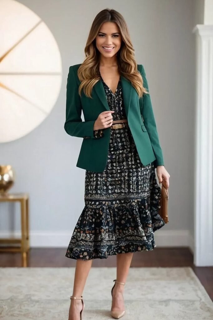 Forest Green Blazer + Floral Tiered Midi Dress + Nude Ankle Strap Heels