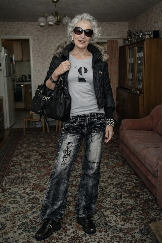 Fur Trimmed Puffer Jacket + Grey Graphic Tee + Distressed Acid Wash Jeans + Black Studded Platform Shoes