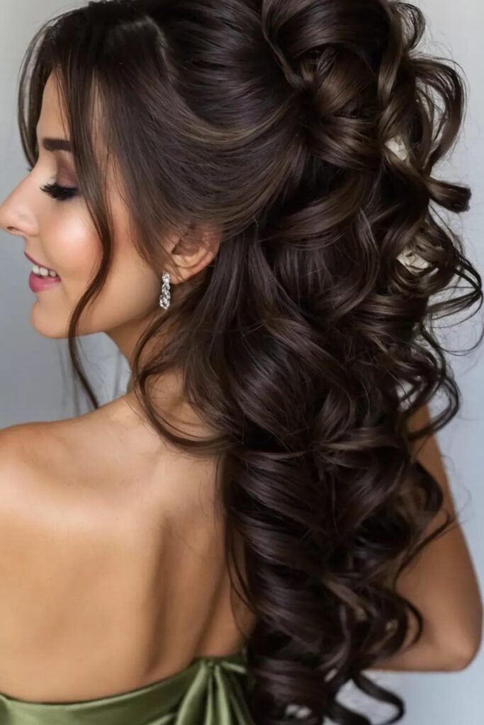 Glamorous Voluminous Half-Up Style with Cascading Curls