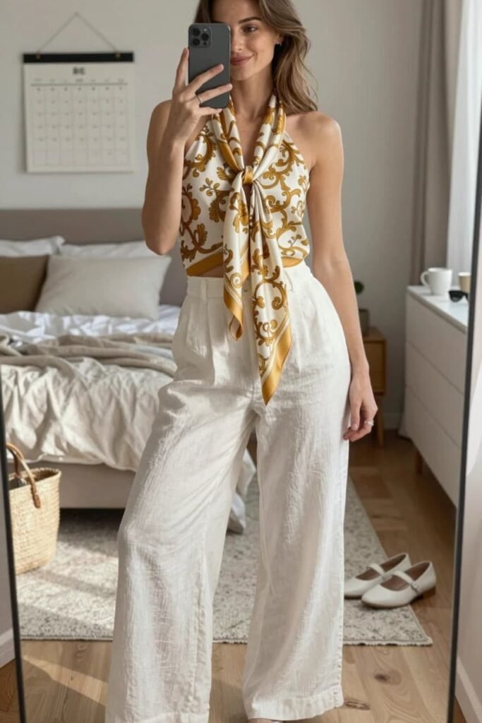 Gold Patterned Scarf Top + White Wide Leg Trousers + White Mary Janes