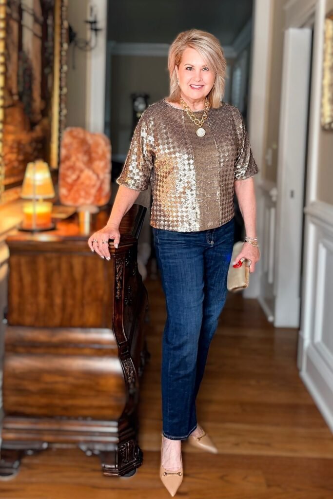 Gold Sequin Short Sleeve Top + Dark Wash Straight Jeans + Nude Pointed Heels