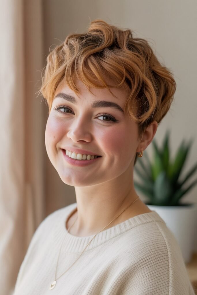 Golden Blonde Wavy Pixie with Piecey Texture