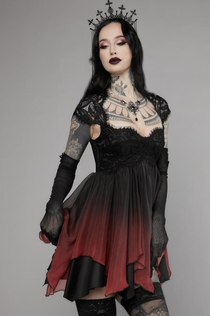 Gothic Lace Bodice Dress + Red Ombre Chiffon Skirt + Sheer Opera Gloves