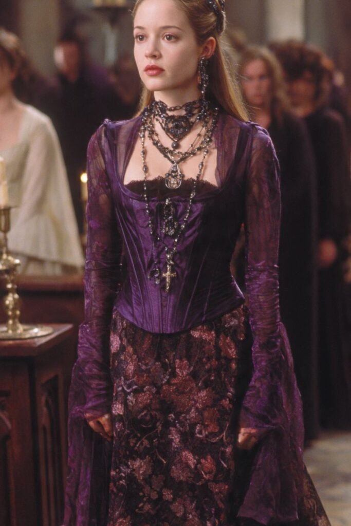 Gothic Purple Corset Top + Floral Velvet Skirt + Layered Statement Necklaces