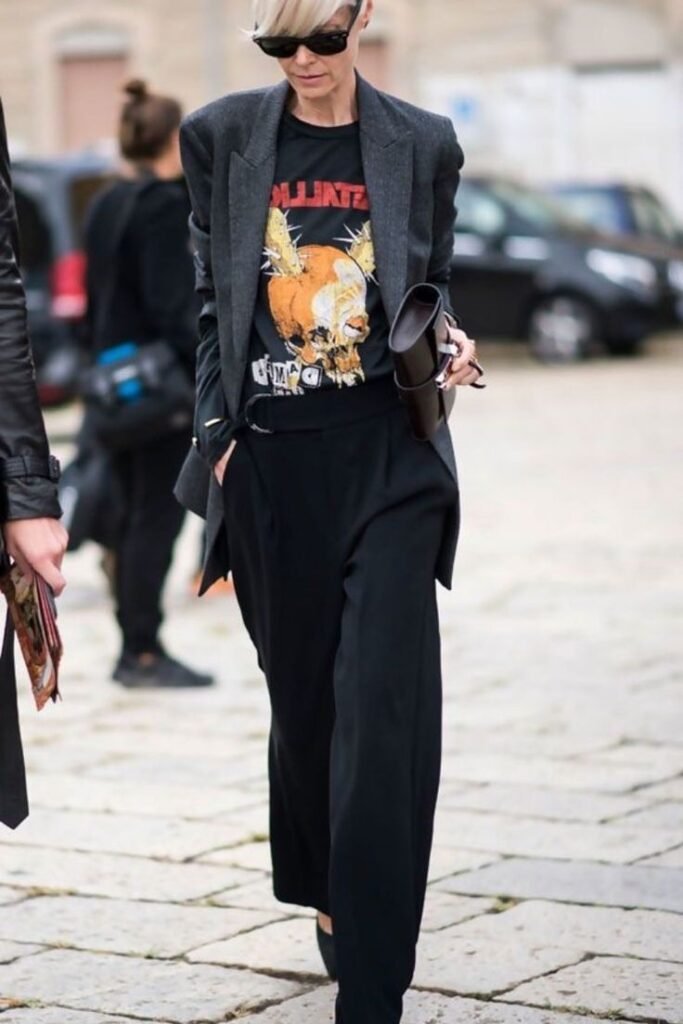 Graphic Band T Shirt + Charcoal Blazer + Black Wide Leg Trousers + Black Sunglasses