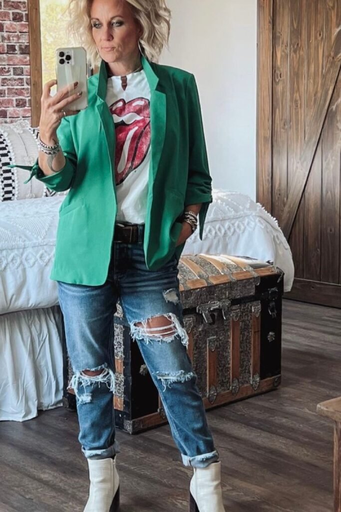 Graphic Band T Shirt + Green Blazer + Heavily Distressed Jeans + White Ankle Boots