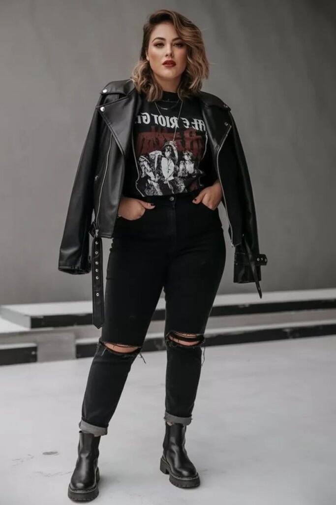 Graphic Band Tee + Black Biker Jacket + Distressed Black Skinny Jeans + Black Lug Sole Chelsea Boots