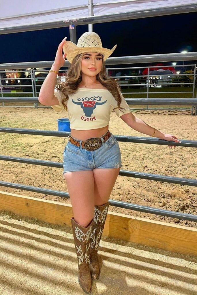 Graphic Crop Top + Denim Shorts + Brown Cowboy Boots