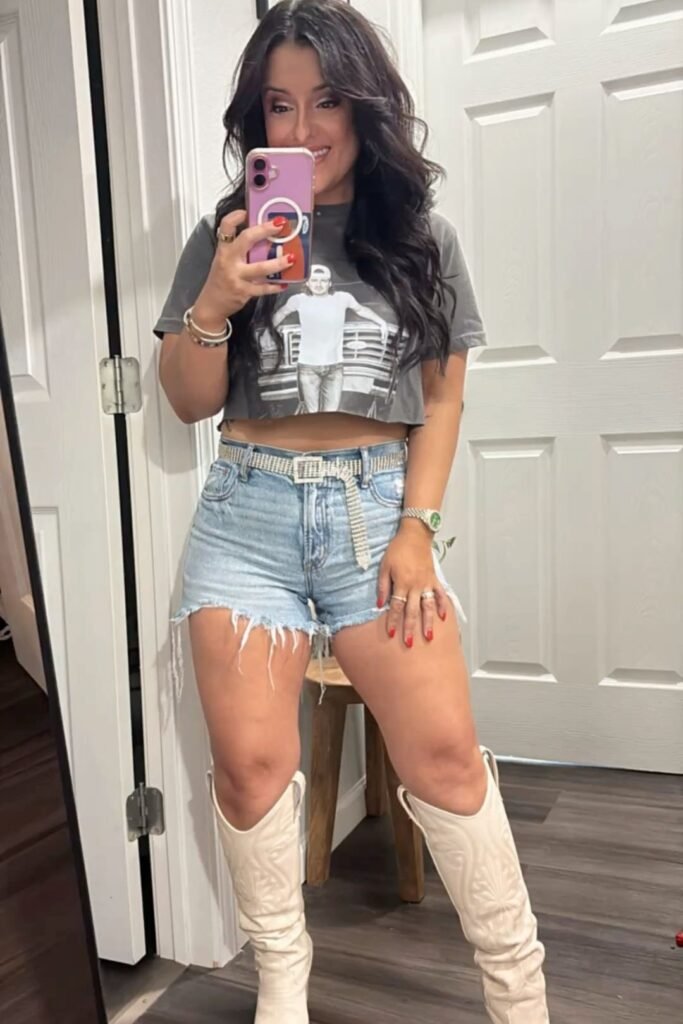 Graphic Crop Top + Distressed Denim Shorts + White Cowboy Boots