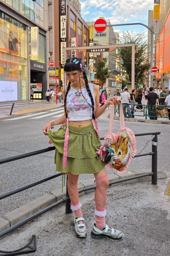 Graphic Cropped Tank Top + Lime Green Gingham Ruffled Mini Skirt + Pastel Pink Leg Wraps + Chunky Mesh Sneakers
