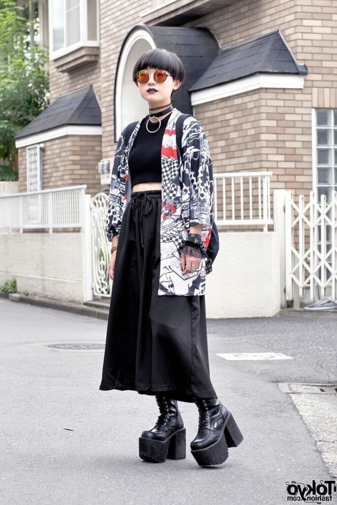 Graphic Pattern Kimono + Black Crop Top + Wide Leg Black Culottes + Black Platform Boots