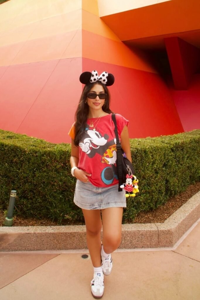 Graphic Red Tee + Denim Mini Skirt + White Sneakers