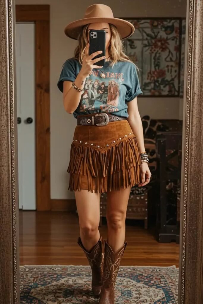 Graphic T Shirt + Brown Suede Fringe Mini Skirt + Cowboy Boots