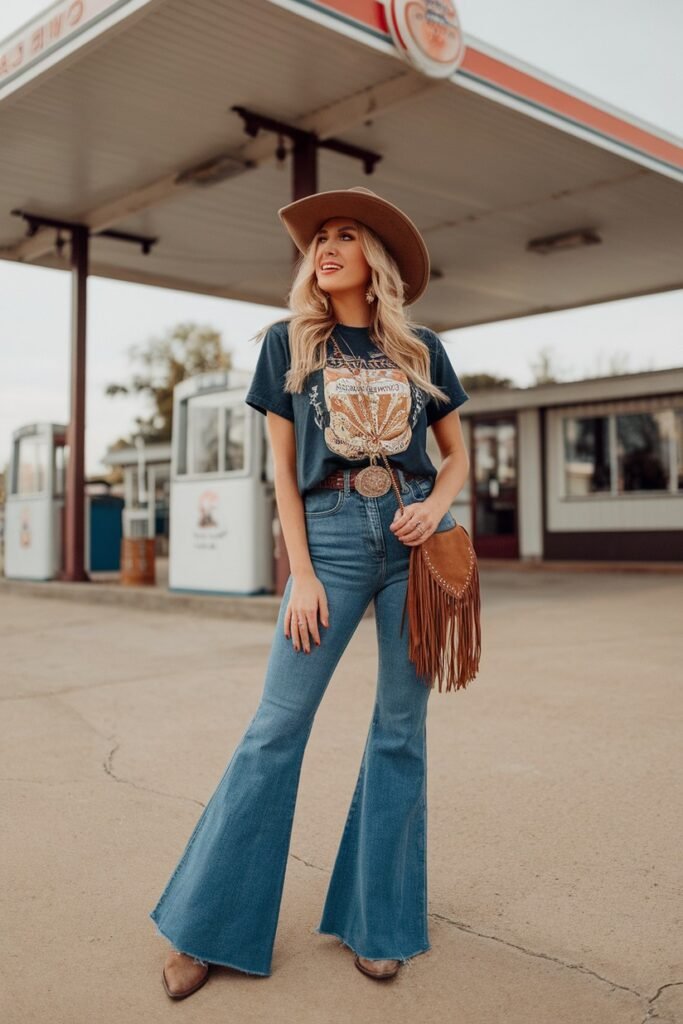 Graphic T Shirt + Flared Jeans + Cowboy Boots