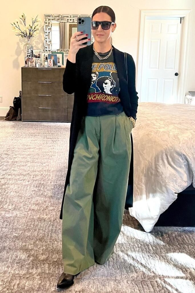 Graphic T Shirt + Green Wide Leg Trousers + Black Blazer