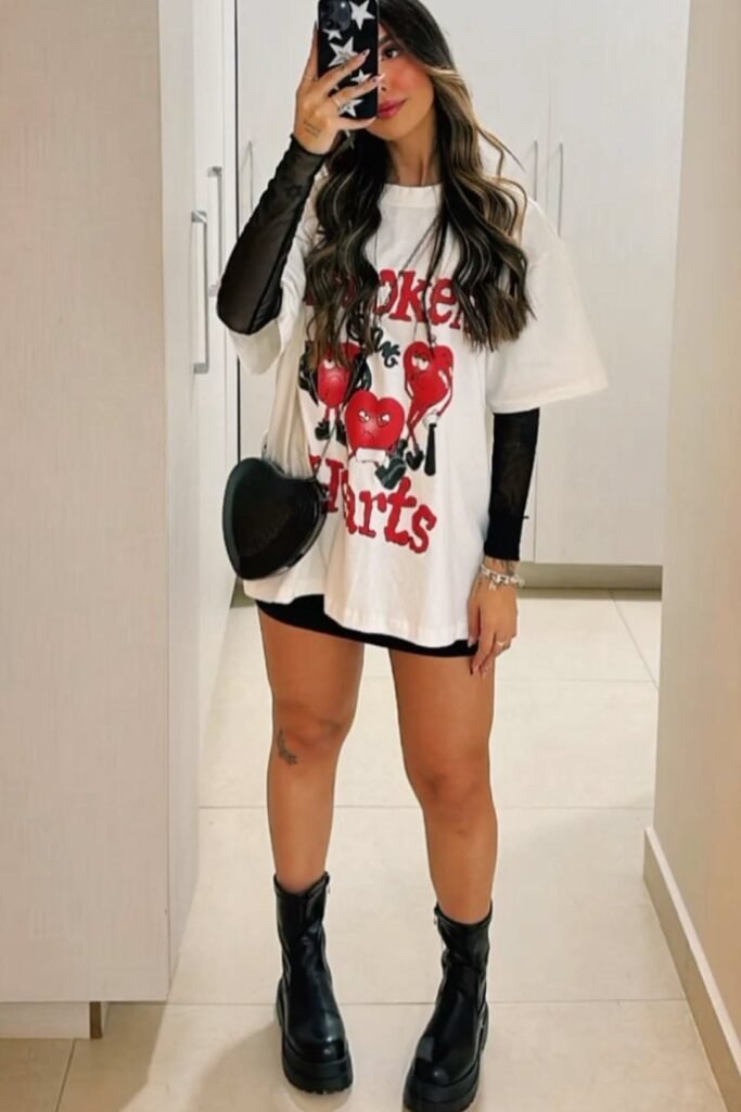 Graphic T Shirt + Long Sleeve Mesh Top + Black Boots