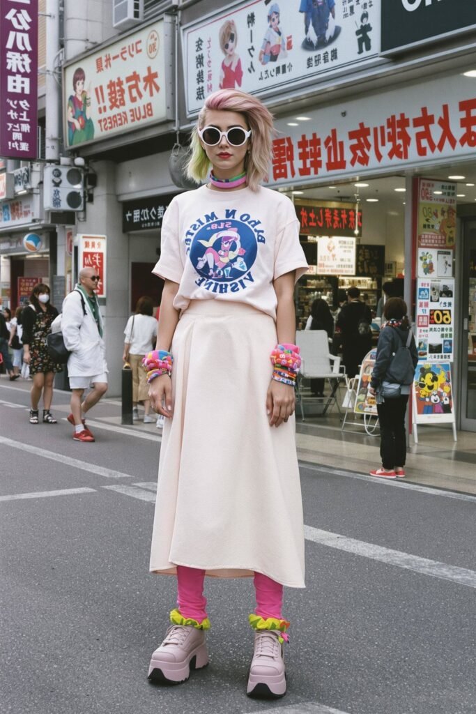 Graphic T Shirt + Pale Pink A Line Midi Skirt + Hot Pink Leggings + Light Pink Platform Shoes