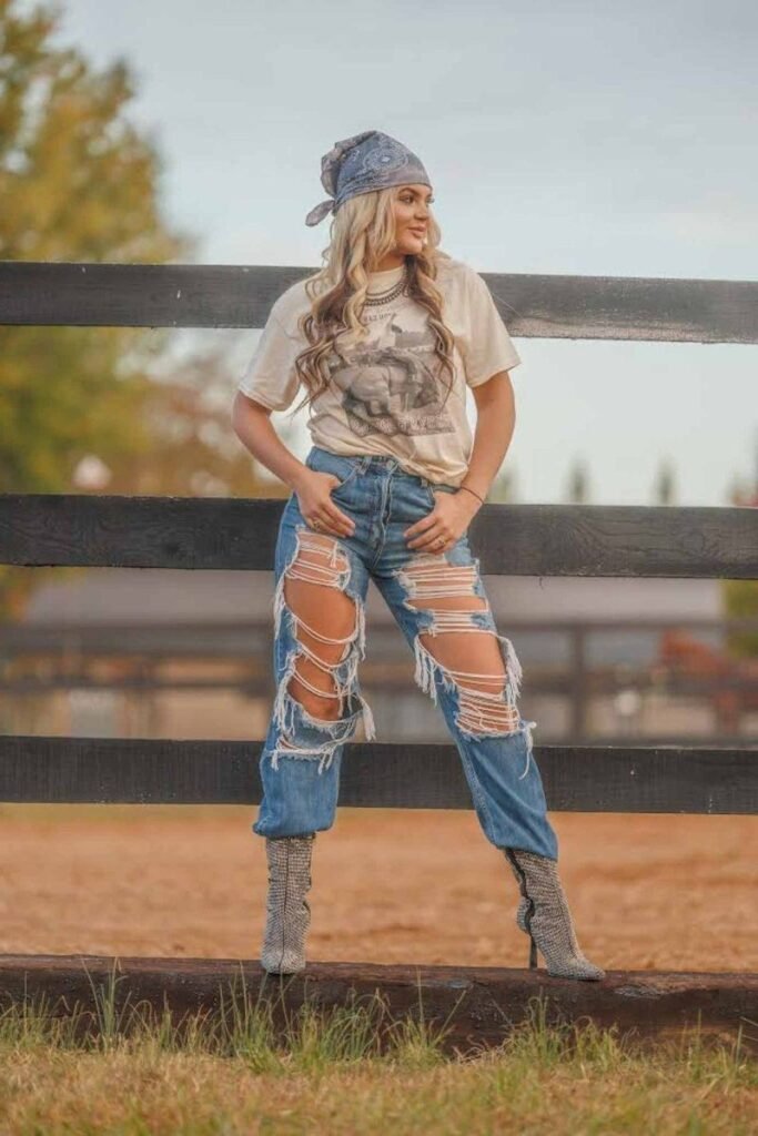 Graphic T Shirt + Ripped Denim Jeans + Sparkly Ankle Boots