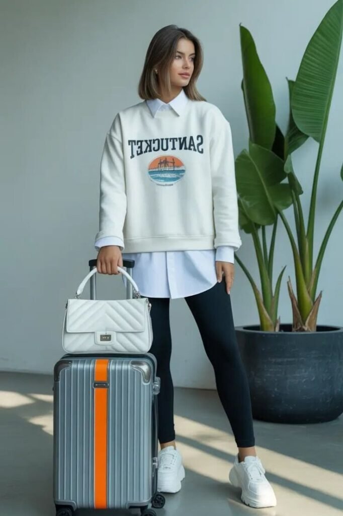 Graphic White Sweatshirt + White Collared Button Down Shirt + Black Leggings + Chunky White Sneakers