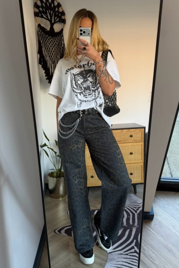 Graphic White T Shirt + Animal Print Wide Leg Jeans + Black Sneakers