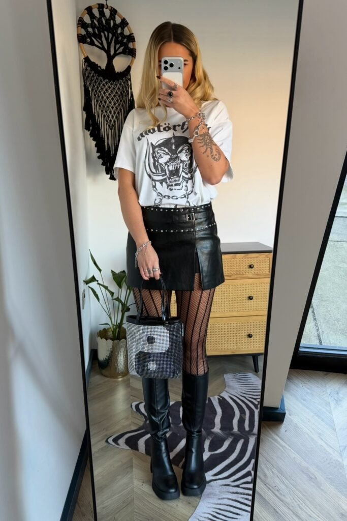 Graphic White T Shirt + Black Mini Skirt + Fishnet Tights + Knee High Boots