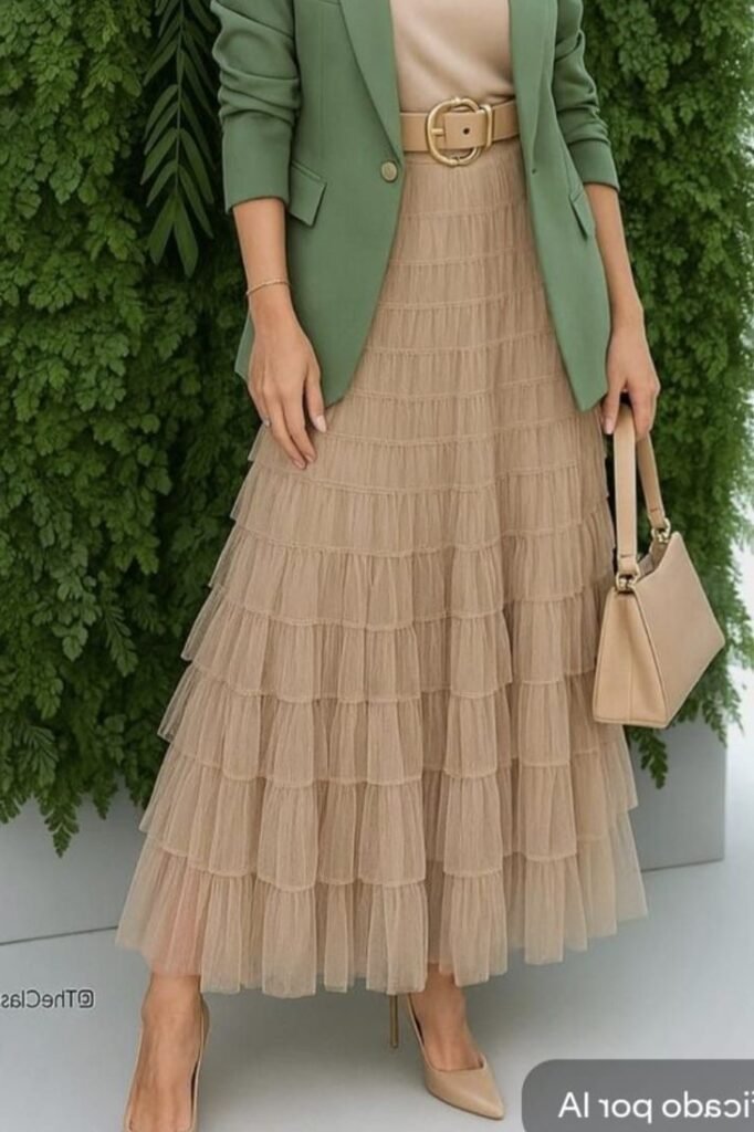 Green Blazer + Beige Tiered Midi Skirt + Beige Handbag + Nude Heels