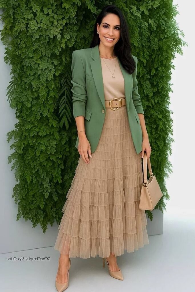 Green Blazer + Beige Top + Tiered Tulle Midi Skirt + Beige Pumps