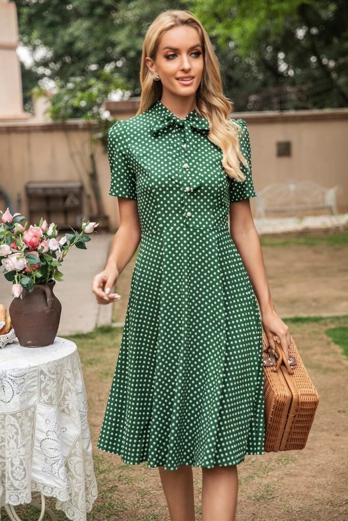 Green Polka Dot Short-Sleeve Dress + Pussy-Bow Neckline + Wicker Picnic Basket