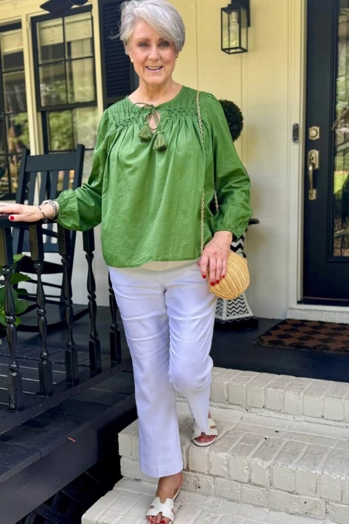 Green Smocked Tassel Blouse + White Straight Leg Pants + White Flat Sandals