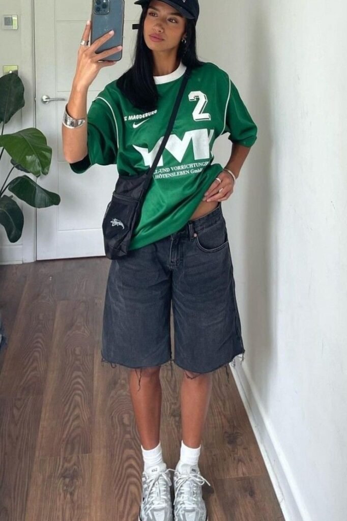 Green Soccer Jersey + Charcoal Denim Jorts + Silver Athletic Sneakers