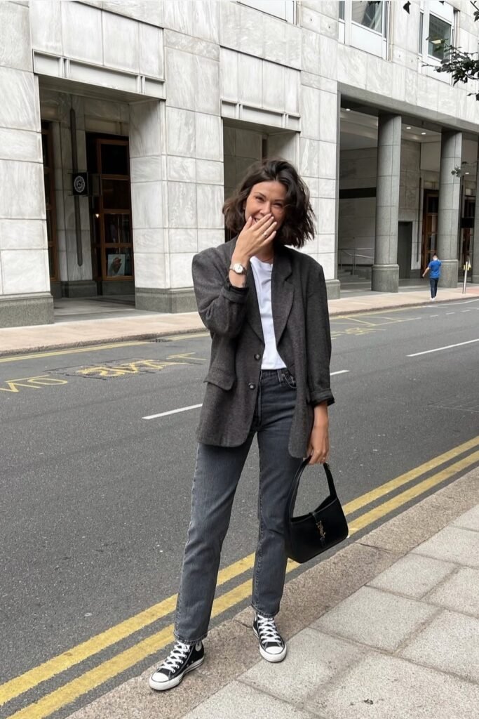 Grey Blazer + White T Shirt + Grey Jeans + Black High Top Sneakers