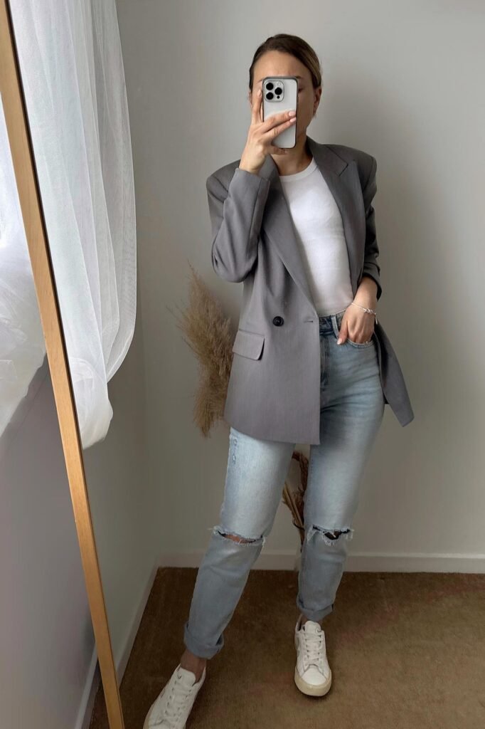 Grey Blazer + White Top + Blue Distressed Jeans