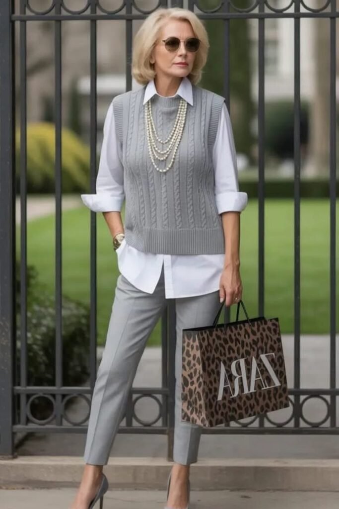 Grey Cable Knit Vest + White Button Down + Grey Tailored Trousers + Grey Pumps