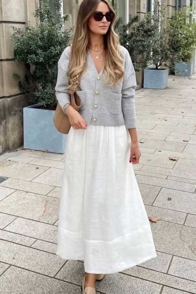 Grey Cardigan + White Maxi Skirt + Beige Tote Bag