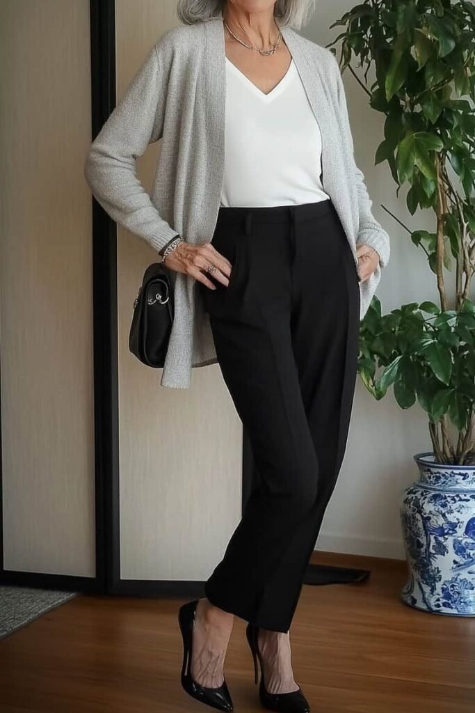Grey Cardigan + White V-Neck Top + Black Tailored Trousers + Black Pointed Heels