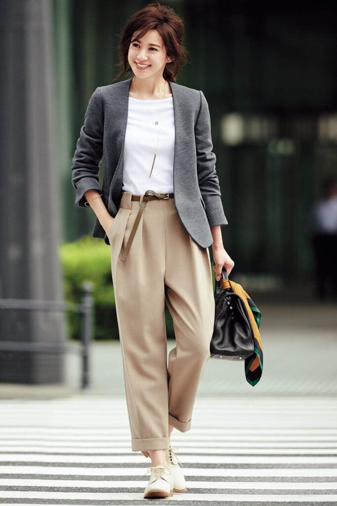Grey Collarless Blazer + White T Shirt + Beige High Waisted Pleated Trousers + Olive Green Slim Belt + Cream Oxford Shoes