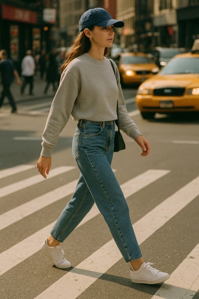 Grey Crewneck Sweatshirt + Medium Wash Mom Jeans + White Sneakers + Navy Baseball Cap
