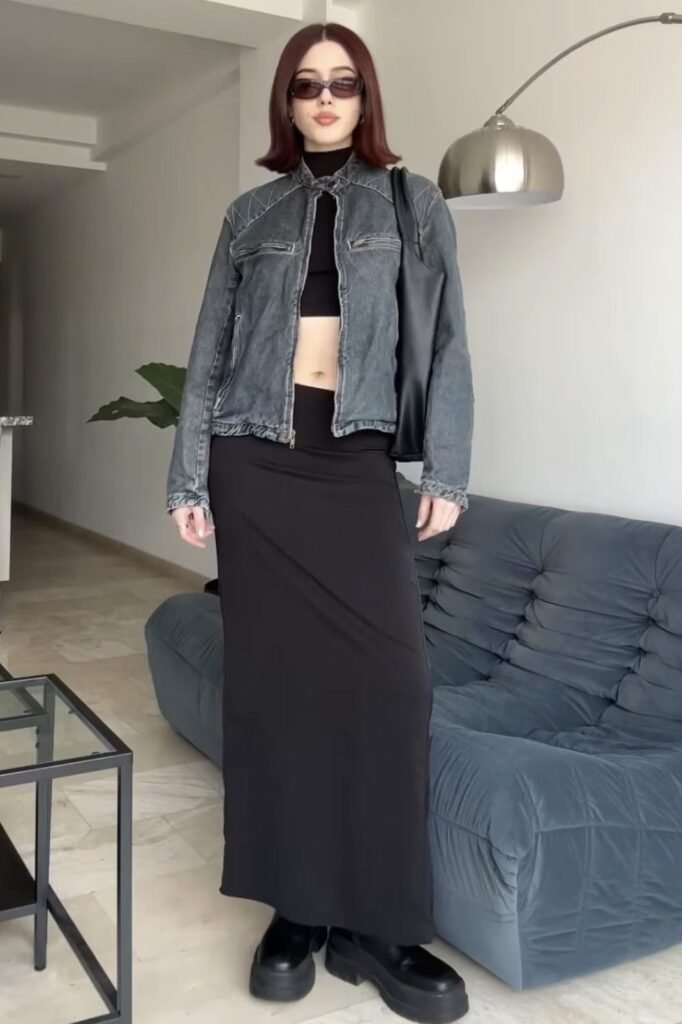 Grey Faded Denim Jacket + Black High Neck Crop Top + Black Column Maxi Skirt